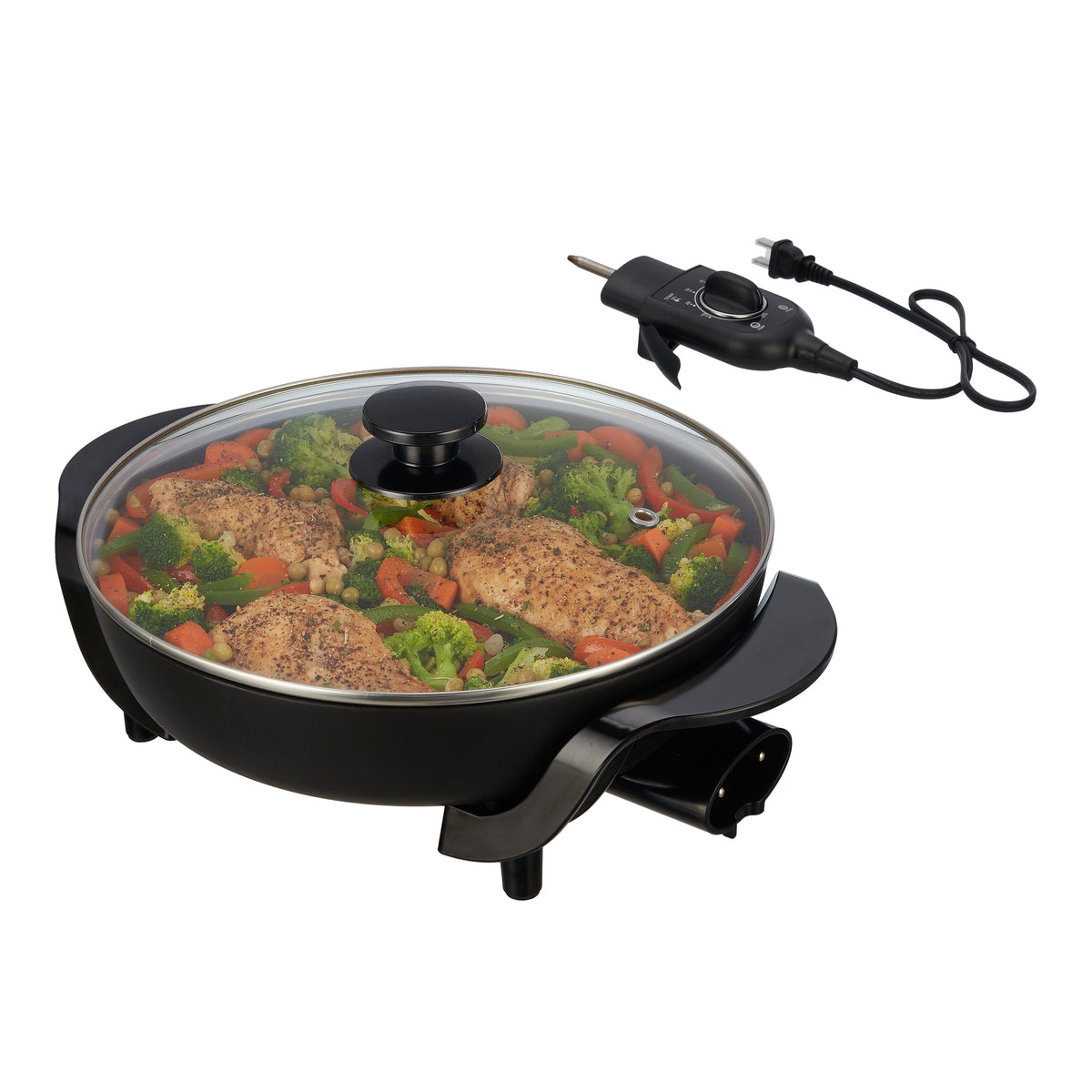 Mainstays 12" Round Ceramic Skillet with Glass Lid ,Black,Nonstick, 1200W, Removable Temp Control, Dishwasher Safe