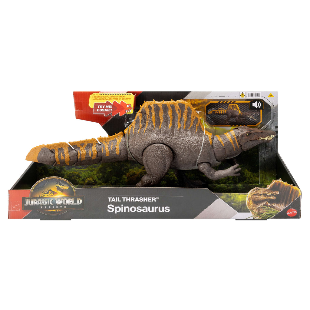 Jurassic World Rebirth Tail Thrasher Spinosaurus Action Figure, Dinosaur Toy with 2 Attack Moves