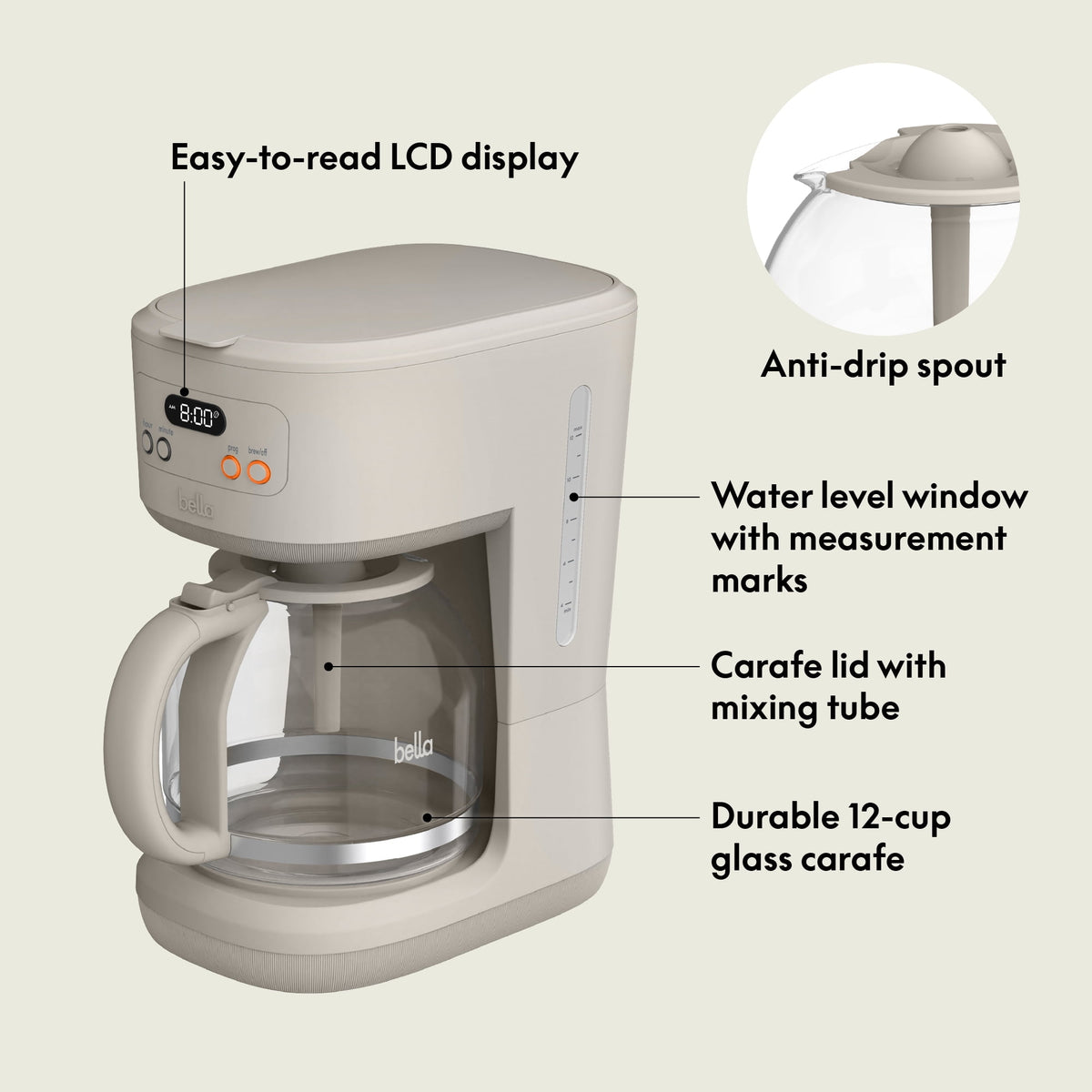 bella 12 Cup Programmable Drip Coffee Maker with Glass Carafe, Auto Shut-Off, Oatmilk