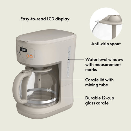 bella 12 Cup Programmable Drip Coffee Maker with Glass Carafe, Auto Shut-Off, Oatmilk