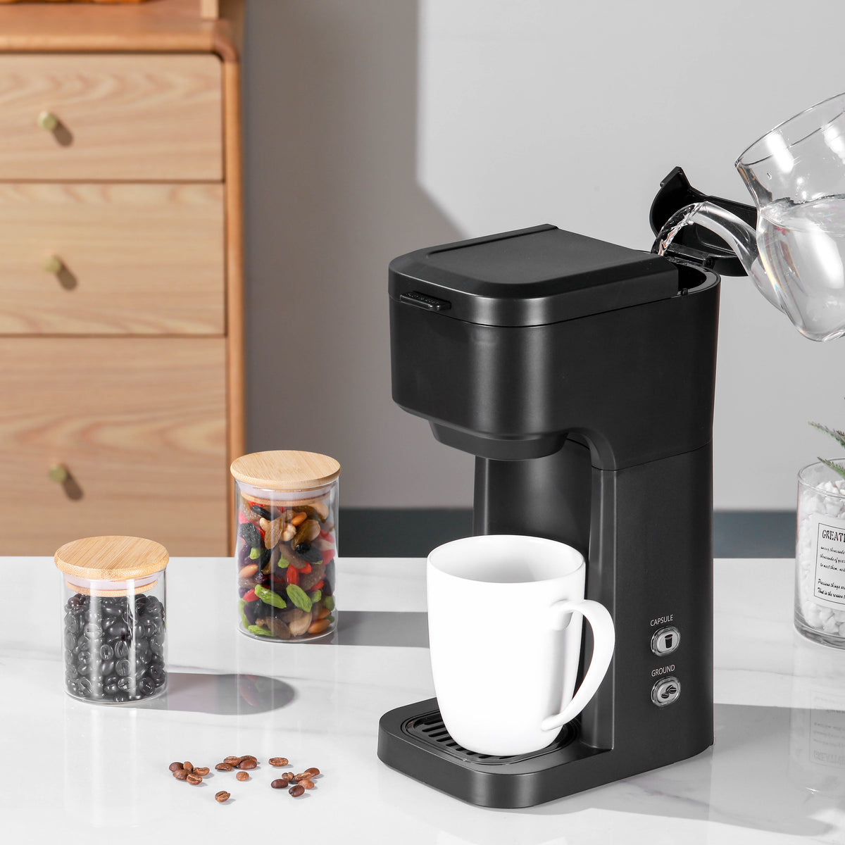 Mainstays Black Dual Brew Coffee Maker, Single Serve, Auto Shutoff, 14 oz Reservoir