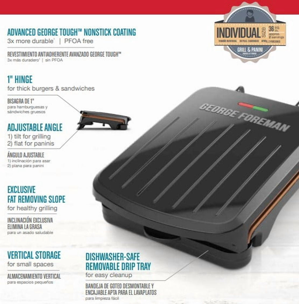George Foreman 2‑Serving Electric Indoor Grill, Non‑Stick Panini Press, Compact Slim Design, Easy‑Clean Drip Tray, Black