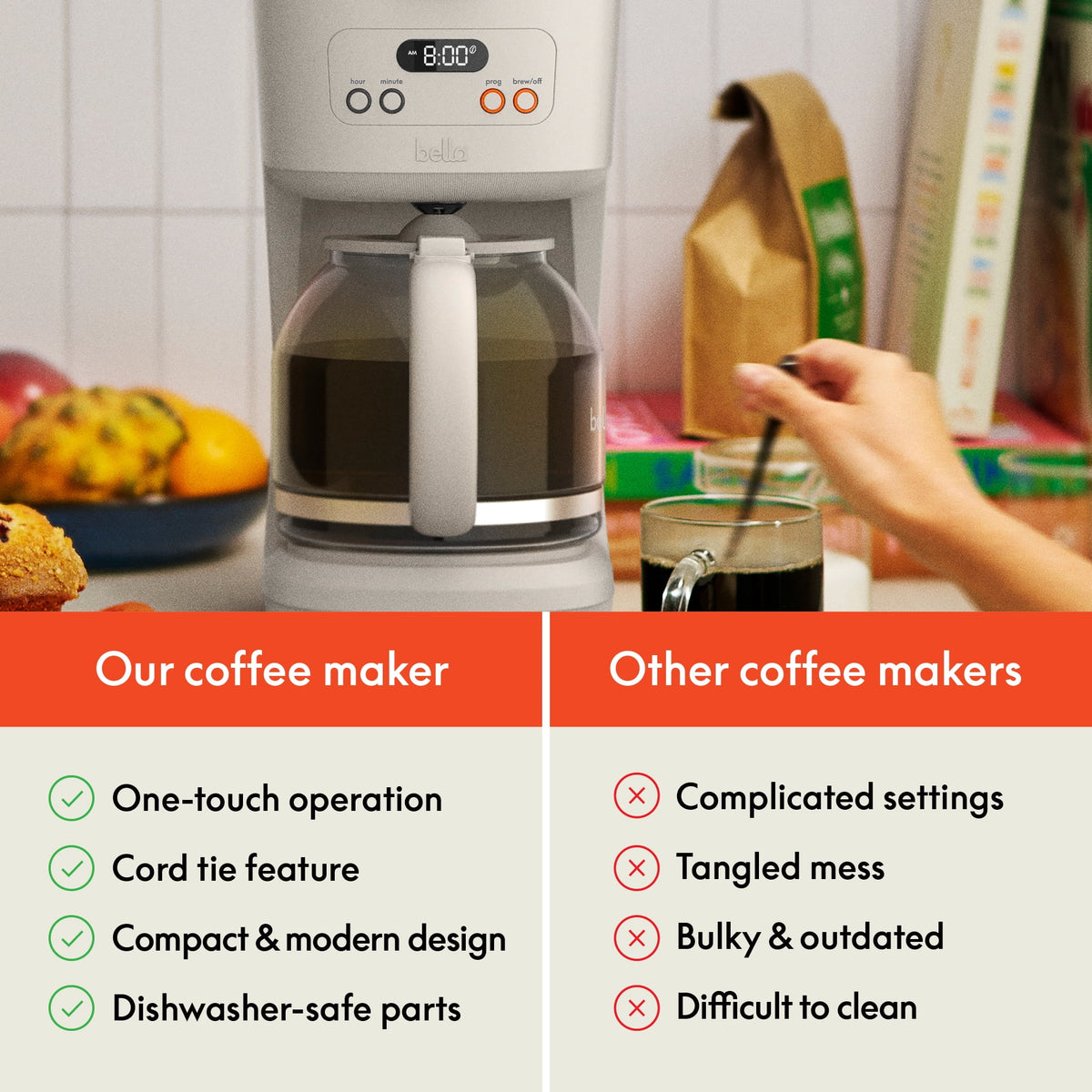 bella 12 Cup Programmable Drip Coffee Maker with Glass Carafe, Auto Shut-Off, Oatmilk