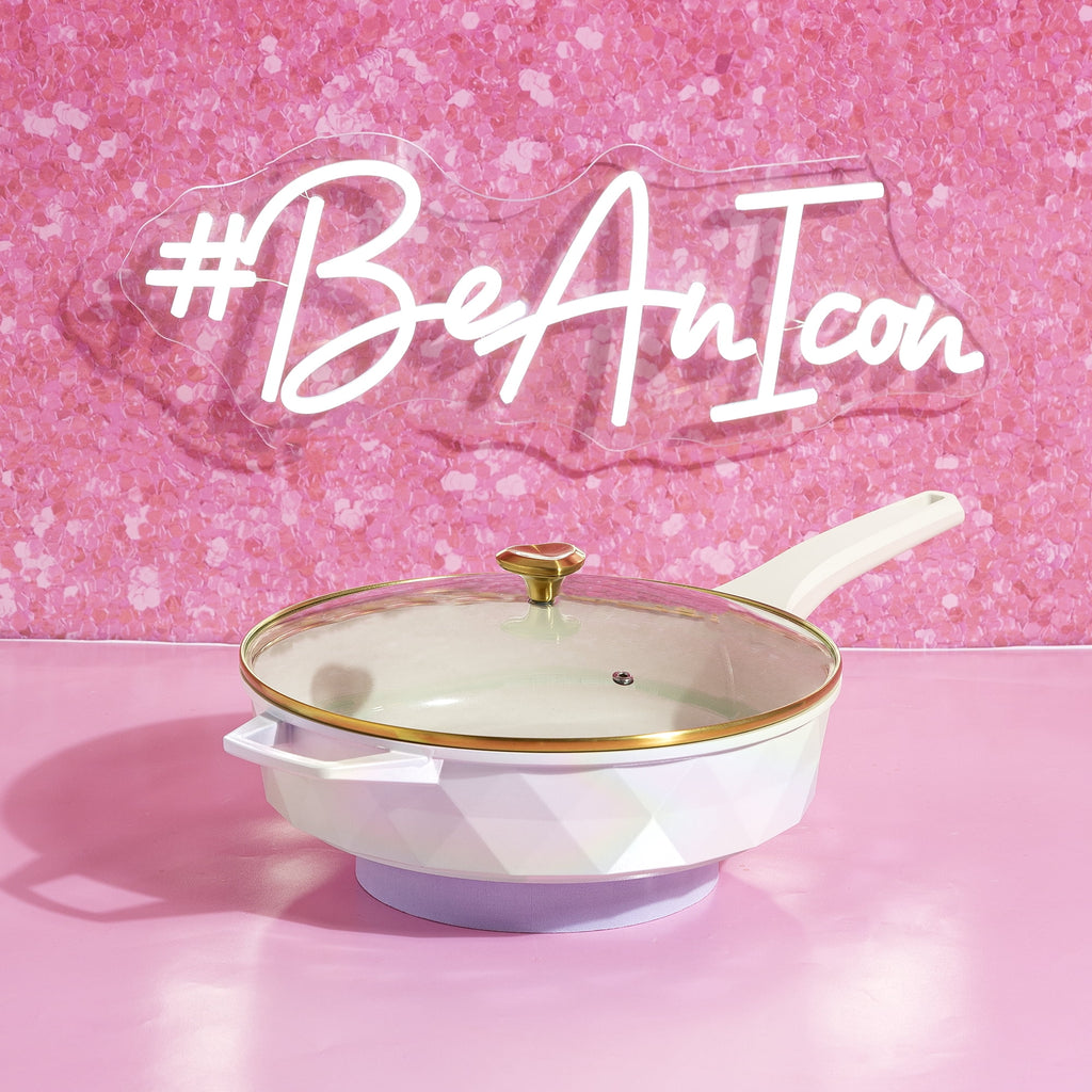 Paris Hilton 4 Quart Ceramic Nonstick Jumbo Cooking Pan Skillet for Sauteing & Frying, White Rainbow Iridescent