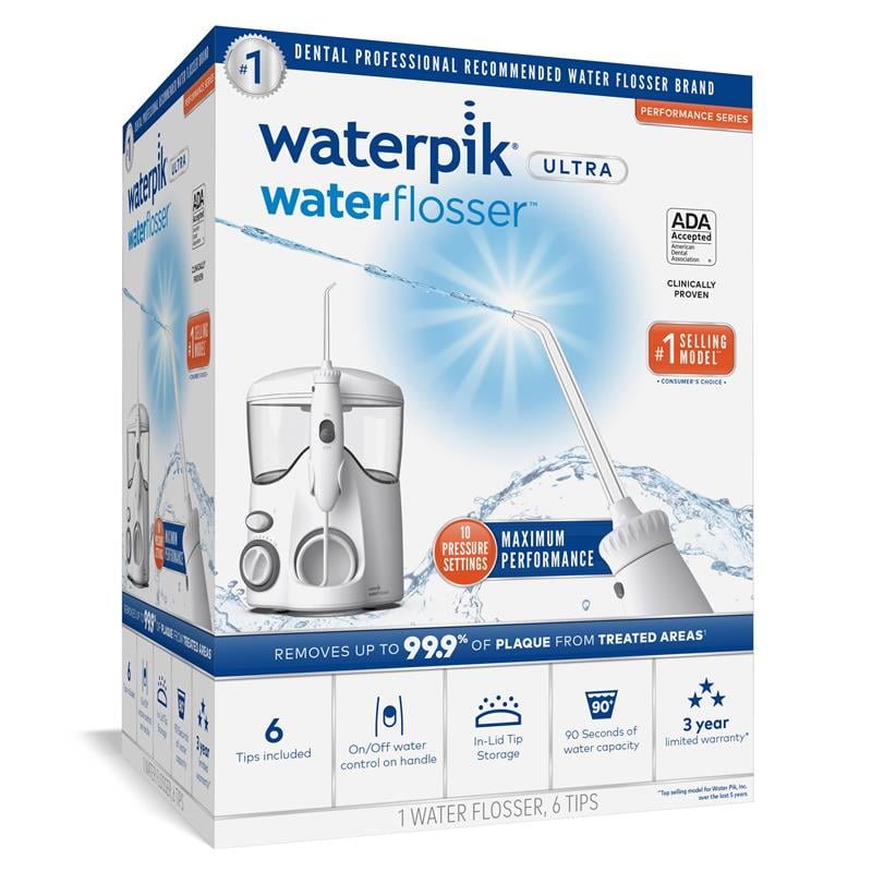 Waterpik Ultra Water Flosser with 10 Settings, 6 Tips, ADA Accepted, White