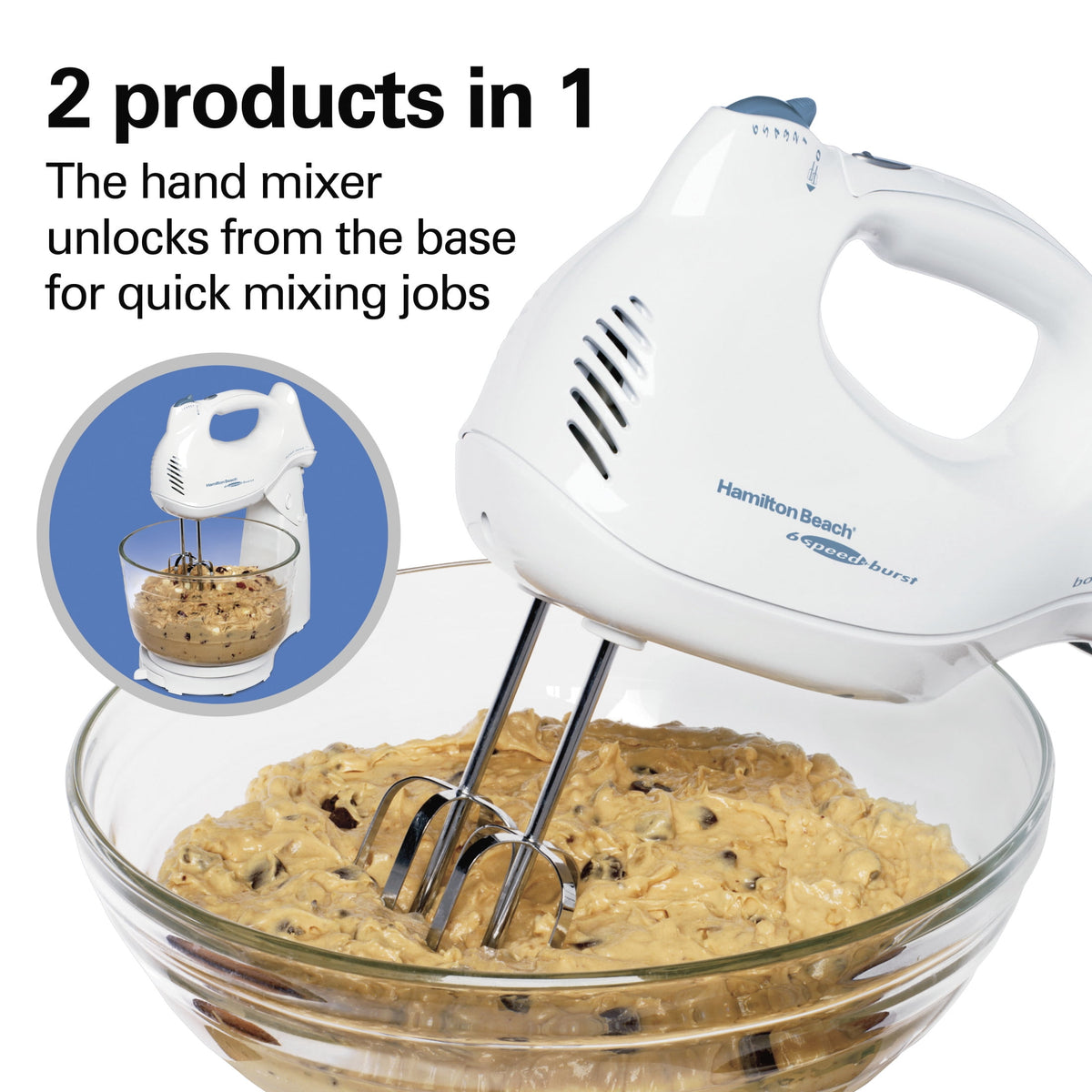 Hamilton Beach Power Deluxe Stand and Hand Mixer Combo for Kitchen, 4 Quart, 6 Speeds with Quick Burst, White
