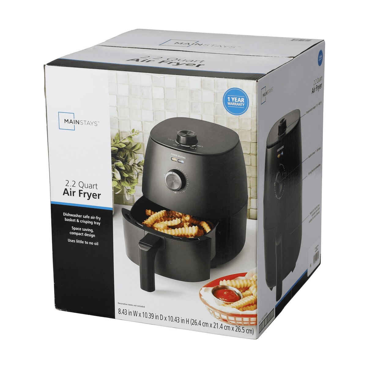 Mainstays Air Fryer, 2.2 Quart, 1150W, Arctic Black with Non-Stick Basket