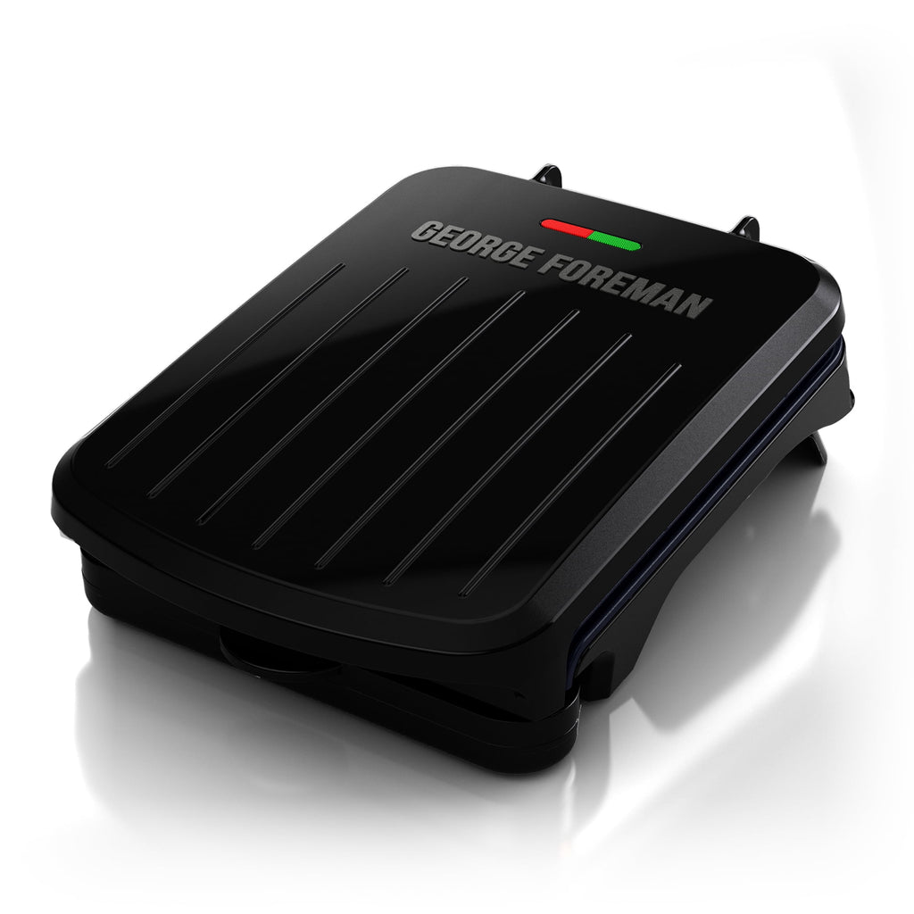 George Foreman 2‑Serving Electric Indoor Grill, Non‑Stick Panini Press, Compact Slim Design, Easy‑Clean Drip Tray, Black