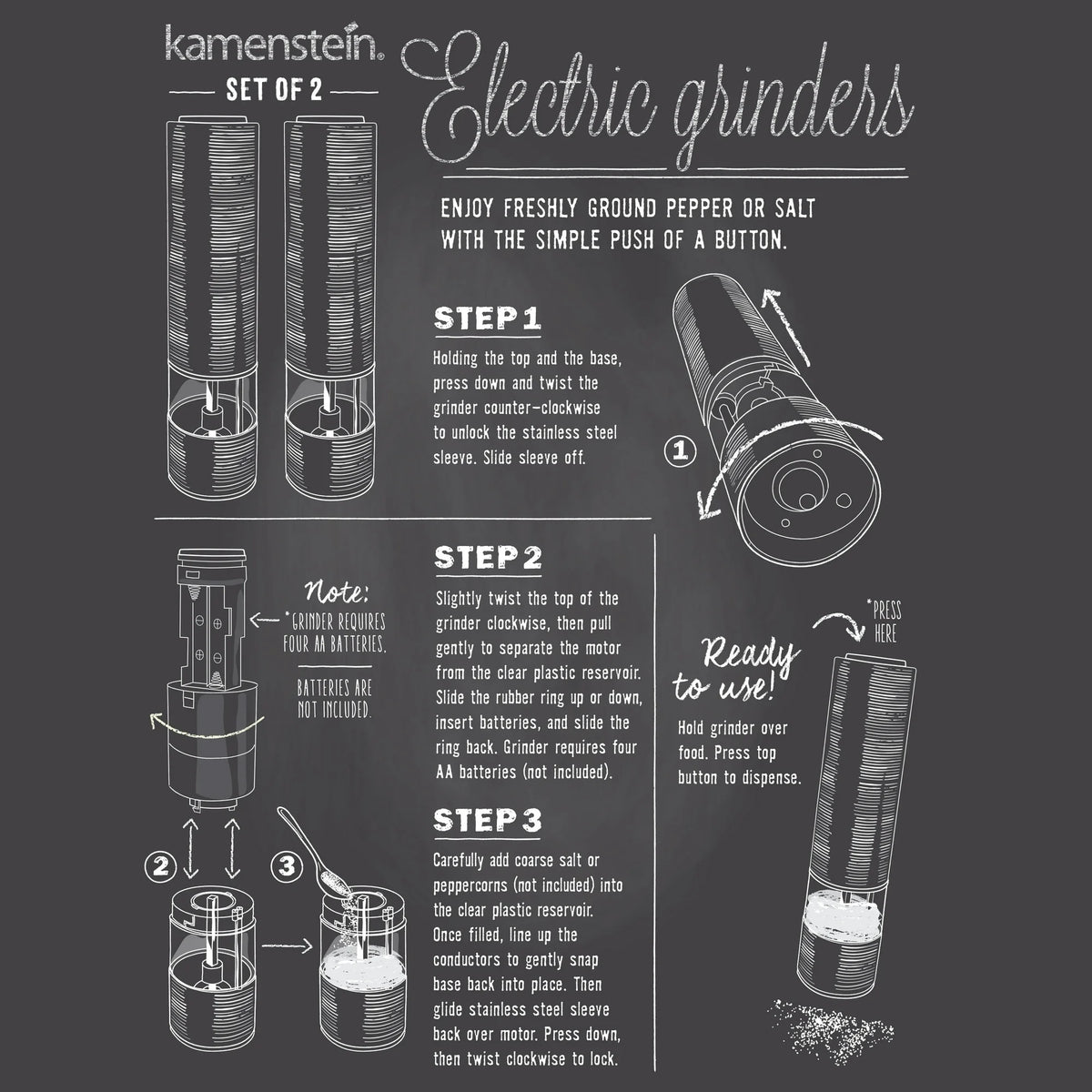 Kamenstein Battery Operated Stainless Steel Salt and Pepper Grinder Set of Two