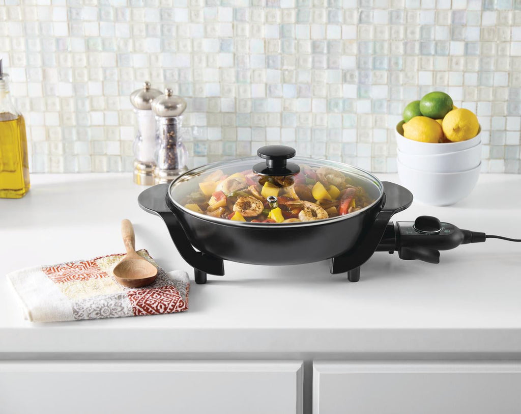 Mainstays 12" Round Ceramic Skillet with Glass Lid ,Black,Nonstick, 1200W, Removable Temp Control, Dishwasher Safe