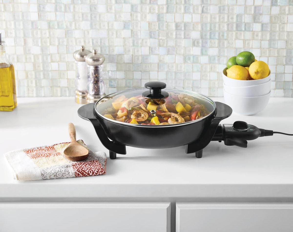 Mainstays 12" Round Ceramic Skillet with Glass Lid ,Black,Nonstick, 1200W, Removable Temp Control, Dishwasher Safe