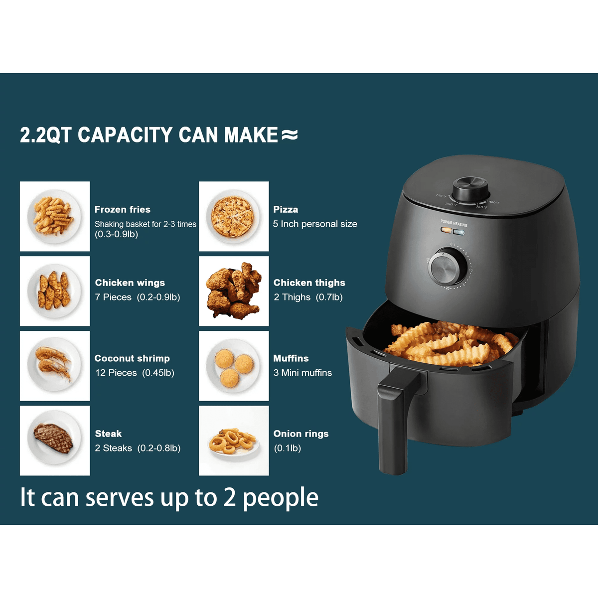Mainstays Air Fryer, 2.2 Quart, 1150W, Arctic Black with Non-Stick Basket