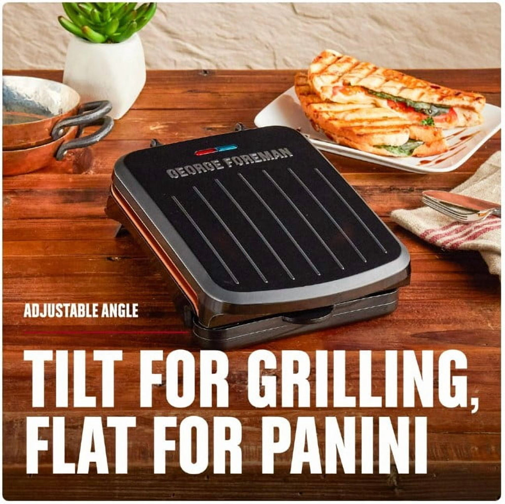 George Foreman 2‑Serving Electric Indoor Grill, Non‑Stick Panini Press, Compact Slim Design, Easy‑Clean Drip Tray, Black