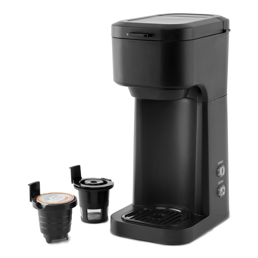 Mainstays Black Dual Brew Coffee Maker, Single Serve, Auto Shutoff, 14 oz Reservoir