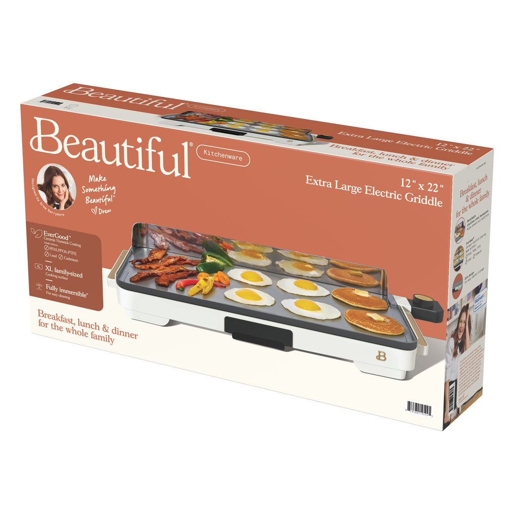 Beautiful XL Electric Griddle 12" x 22," Non-stick, White Icing by Drew Barrymore