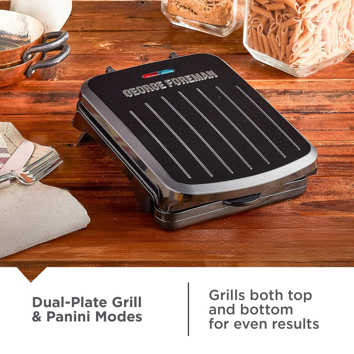 George Foreman 2‑Serving Electric Indoor Grill, Non‑Stick Panini Press, Compact Slim Design, Easy‑Clean Drip Tray, Black