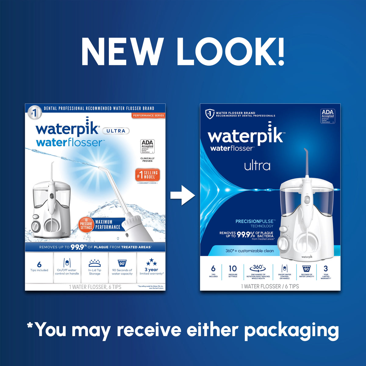 Waterpik Ultra Water Flosser with 10 Settings, 6 Tips, ADA Accepted, White