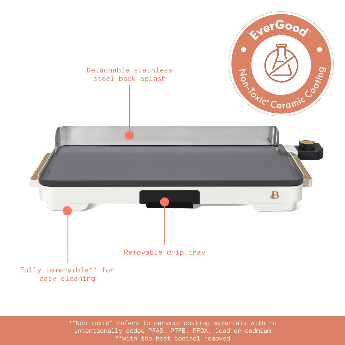 Beautiful XL Electric Griddle 12" x 22," Non-stick, White Icing by Drew Barrymore