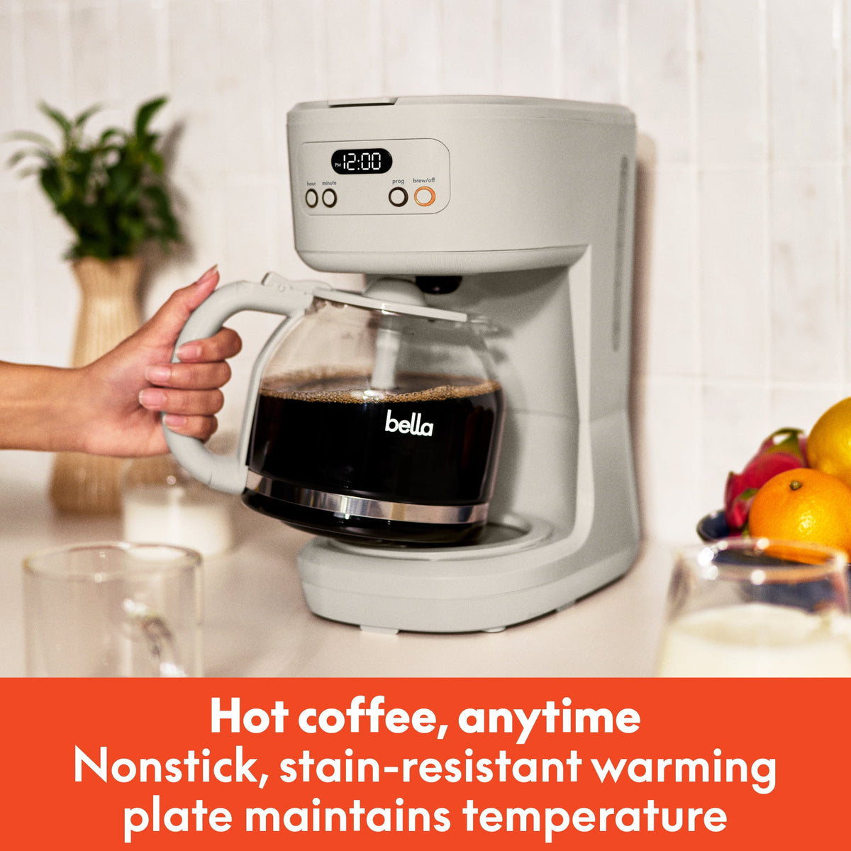 bella 12 Cup Programmable Drip Coffee Maker with Glass Carafe, Auto Shut-Off, Oatmilk