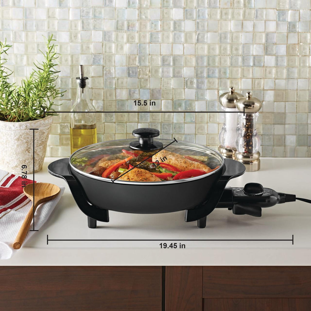 Mainstays 12" Round Ceramic Skillet with Glass Lid ,Black,Nonstick, 1200W, Removable Temp Control, Dishwasher Safe