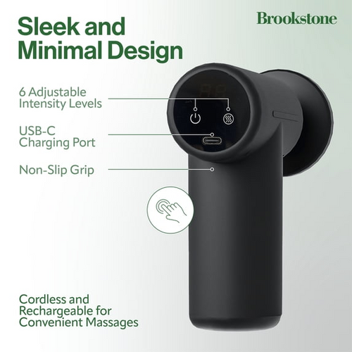 Brookstone Cordless Hot and Cold Percussion Deep Tissue Massage Gun with 6 Intensity Levels for Muscle Relief
