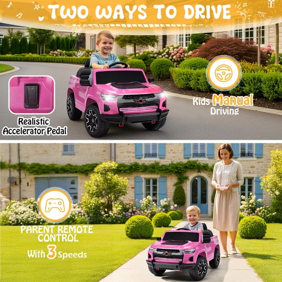 UBesGoo 12V Licensed Chevrolet Colorado Electric Ride on Car Toy for Toddler Kid w/ Remote Control, LED Lights, Pink