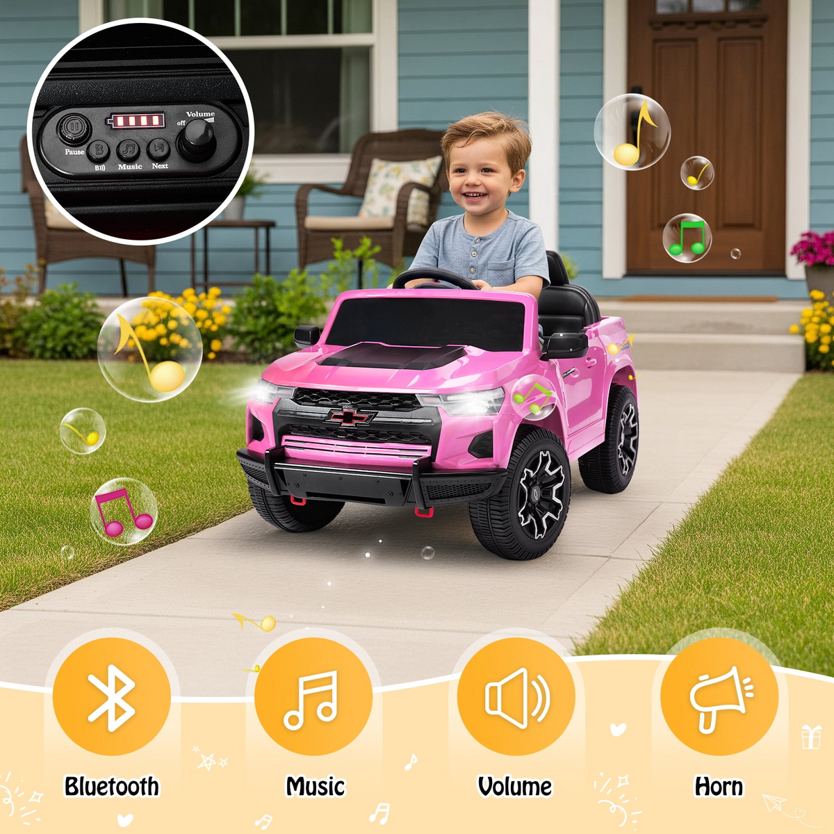UBesGoo 12V Licensed Chevrolet Colorado Electric Ride on Car Toy for Toddler Kid w/ Remote Control, LED Lights, Pink
