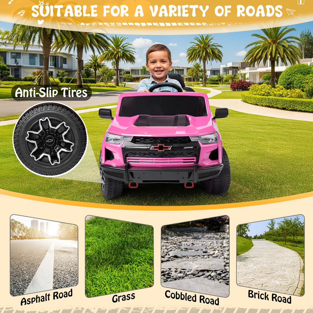 UBesGoo 12V Licensed Chevrolet Colorado Electric Ride on Car Toy for Toddler Kid w/ Remote Control, LED Lights, Pink